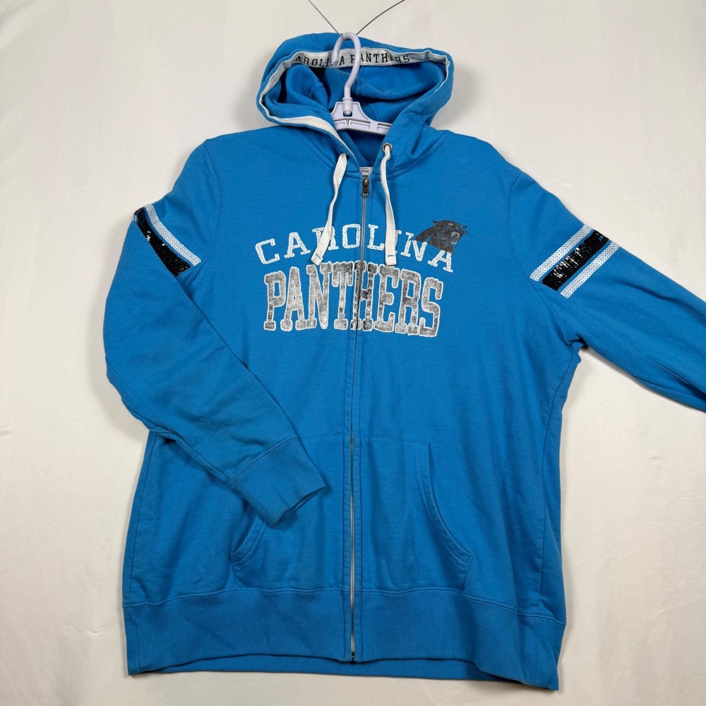 Majestic Fan Fashion Carolina Panthers Blue Sequin Sleeve Zip Up Hoodie XXL